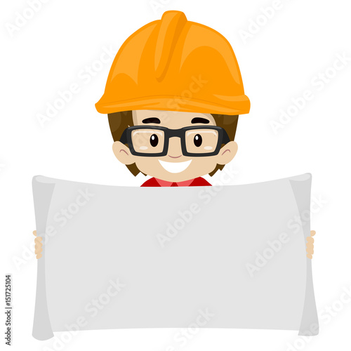 Vector Illustration of Kid Boy Engineer Holding a Blank Open Paper