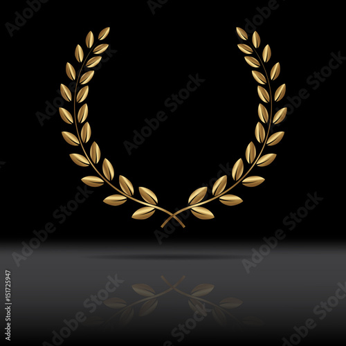 Golden laurel wreath with mirror reflection on black background. Vector illustration.