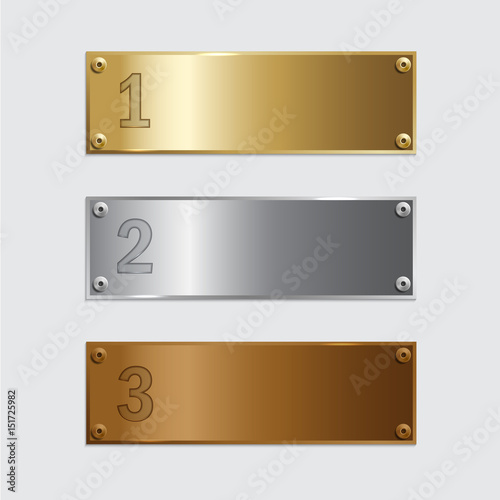 Golden, silver and bronze podium plates isolated on grey background. Vector illustration.