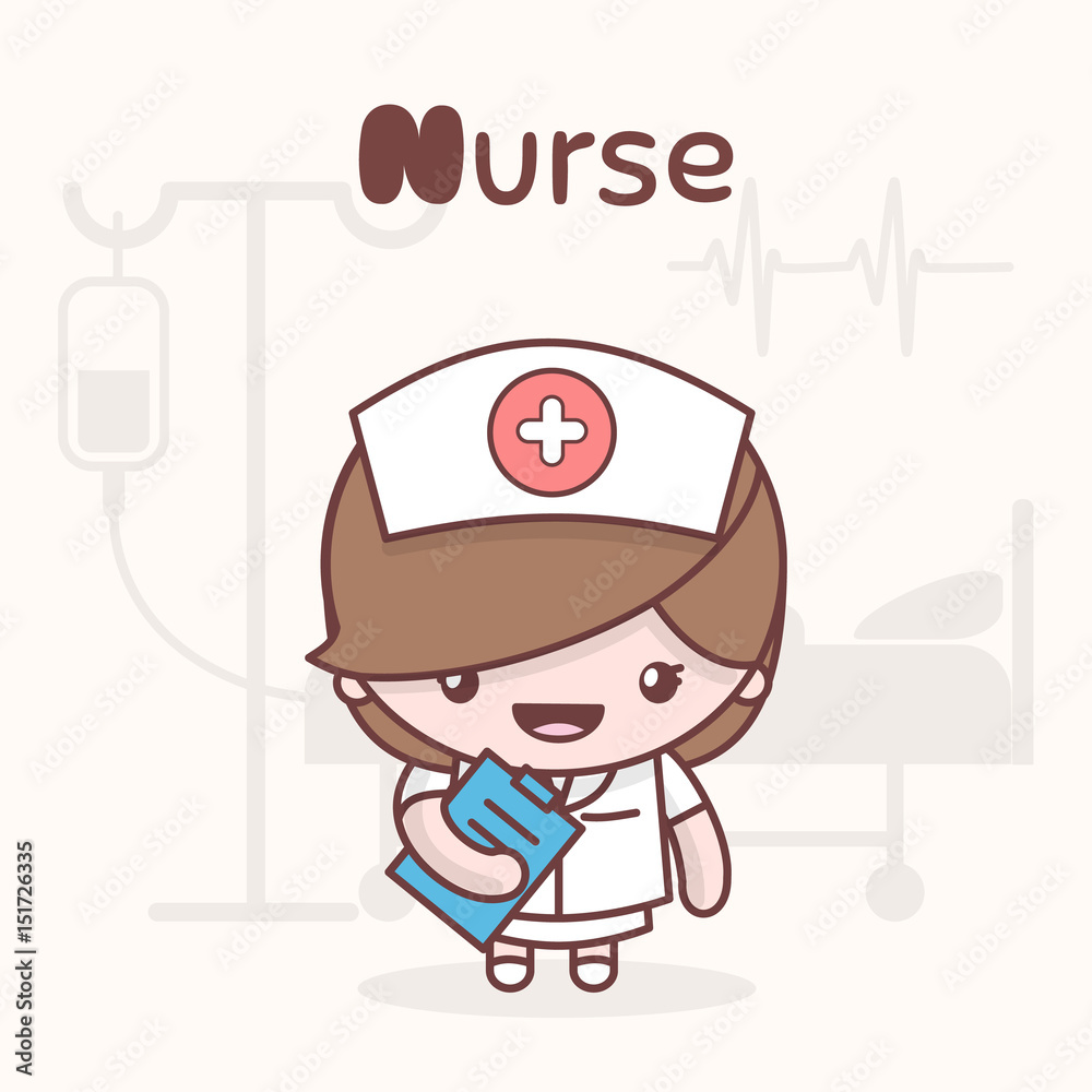 Cute chibi kawaii characters. Alphabet professions. Letter N - Nurse.  vector de Stock | Adobe Stock