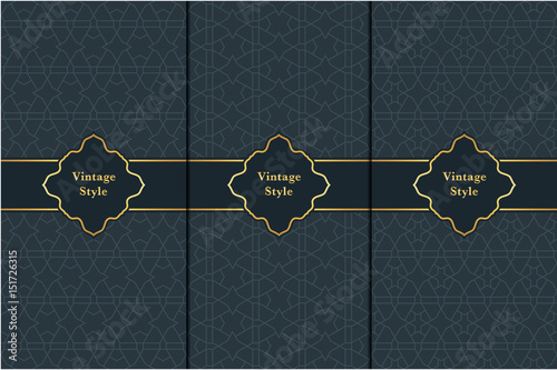 Vintage pattern on black background. Seamless pattern with golden frame for design in retro style. Universal pattern for wallpapers, textiles, fabrics, wrapping papers, packaging boxes etc