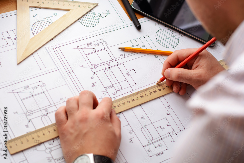 Architect workplace - architectural project, blueprints, ruler. Construction concept. Engineering tools. Architect workplace - architectural project, blueprints, ruler. Construction concept. Engineering tools.