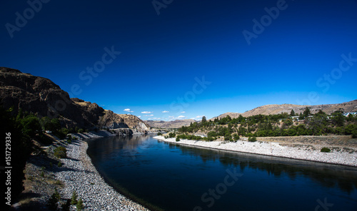 Columbia river streaming down from Grand Coulee Dam with the amazing clear blue sky in the summer
