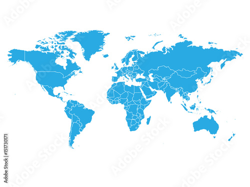 World map in blue color on white background. High detail blank political map. Vector illustration with labeled compound path of each country.