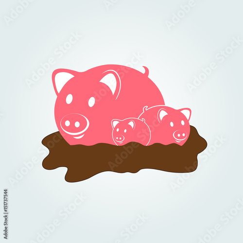 Mother pig with little pigs in a puddle