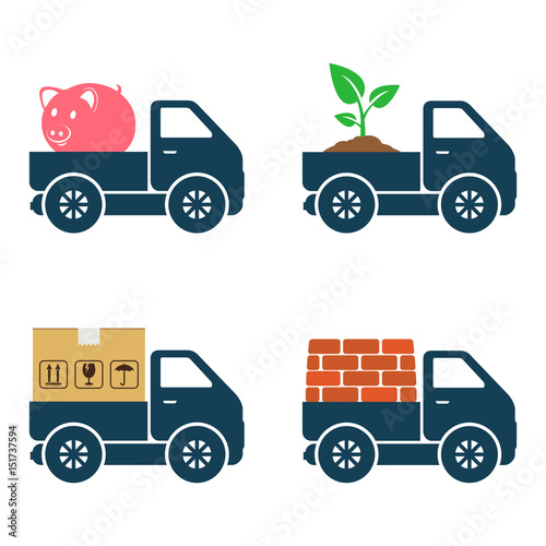 Commercial trucks icons. Delivery of various goods.