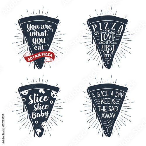 Hand drawn set of labels with textured pizza slice vector illustration and lettering.