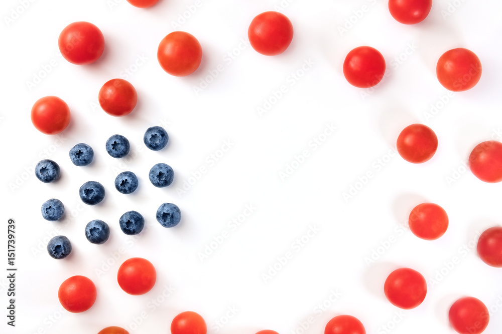 Culinary still life in colors of American flag, on white