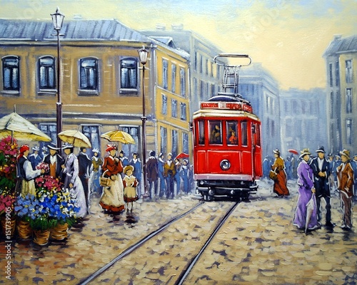 Tram in old city, oil paintings landscape