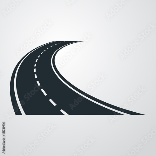 Icono plano carretera curva en perspectiva en fondo degradado
