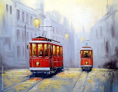 Tram in old city, oil paintings landscape