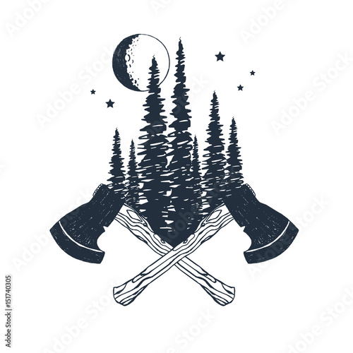 Hand drawn inspirational badge with textured forest and crossed axes vector illustrations.