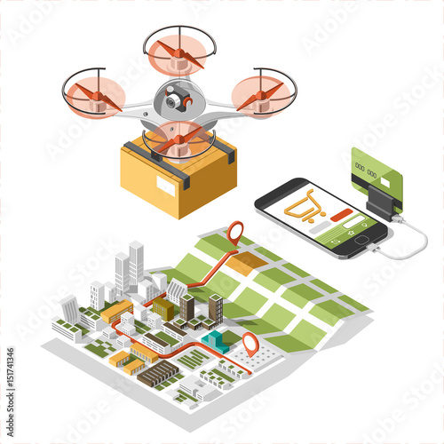 Drone with a box flying in the sky. Modern delivery of the package by flying quad copter. Vector isometric Illustration of the express package delivery 