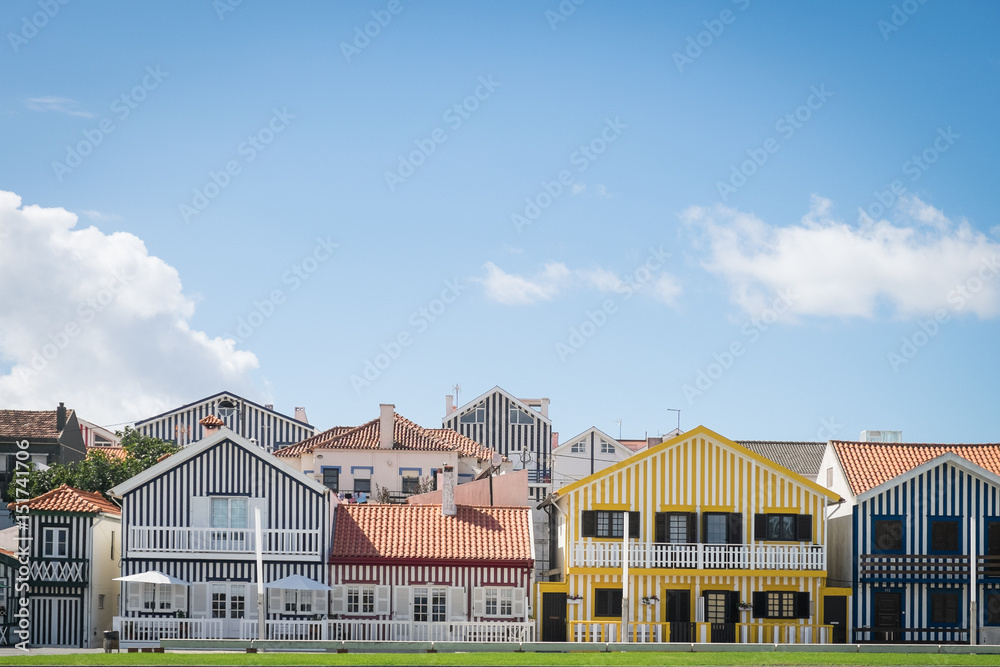 Typical Portuguese architecture, Wooden colorful houses in Portugal in Costa Nova, Portuguese colorful wooden houses, Colorful facades