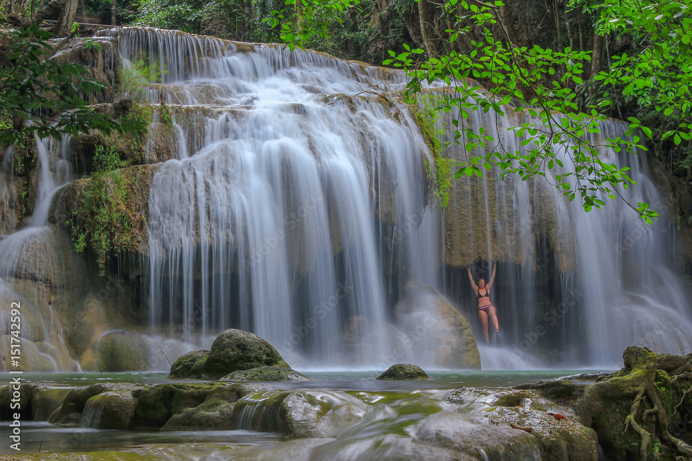 Fototapeta premium Erawan waterfall in deep forest at Kanchanaburi Province, Thailand