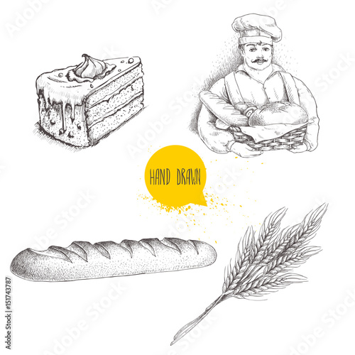 Hand drawn set bakery illustrations. Baker with baker basket of fresh bread, fresh baguette, cream cake and wheat bunch. Vector illustration isolated on white background.