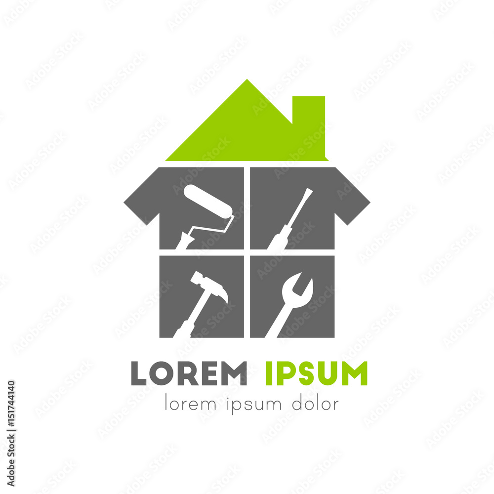 House logo with work tools - obrazy, fototapety, plakaty 