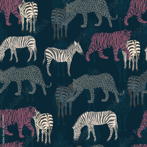 Abstract seamless pattern zebra tiger panther dark blue background