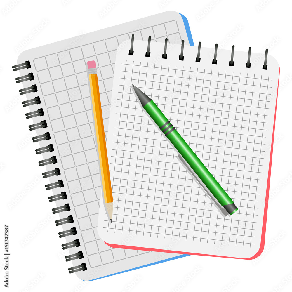 Two notebooks, green pen and yellow pencil on a white background
Two notebooks, green pen and yellow pencil on a white background