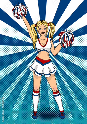 Cheerleader girl with pompoms.High school cheerleading costume. Energy dance fan pop art. Vector illustration in comic style.