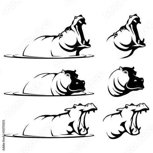 Set of black  logo silhouettes of hippopotamus, illustration isolated on white background, Wild African animals