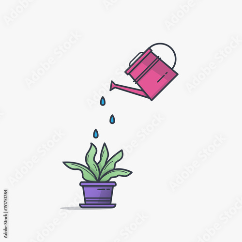 Watering can watering house plant in flowerpot. Line style flat illustration of house plant with leaves in pot. Thin lines. Business growth and investment concept