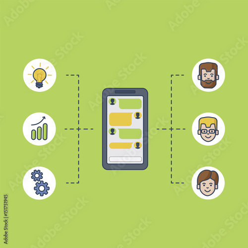 Chat app on smartphone, properties and application users - illustration, vector
