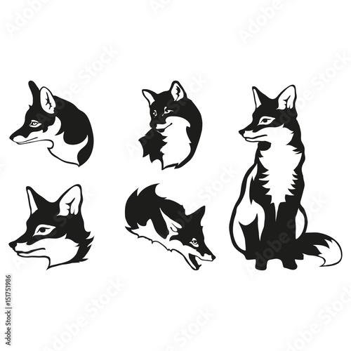 Set of five black logo silhouettes of fox, illustration isolated on white background, vector image of animals, sly fox