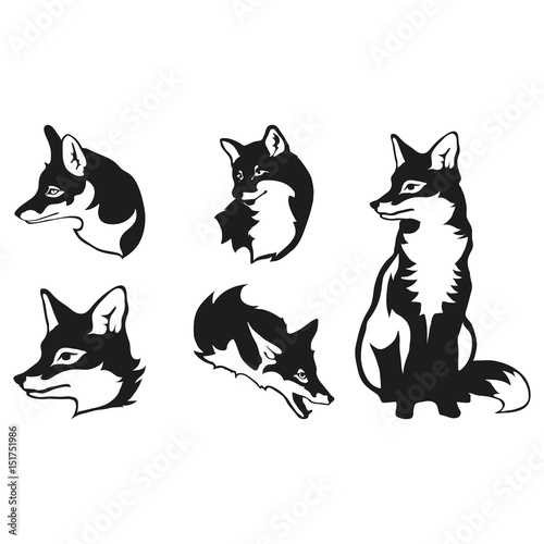 Set of five black  logo silhouettes of  fox, illustration isolated on white background, vector image of animals, sly fox