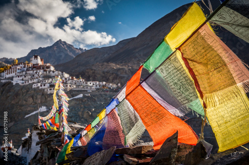 Buddhist prayer flags at Diskit monastery in the Indian Himalayas, Ladakh, India photo