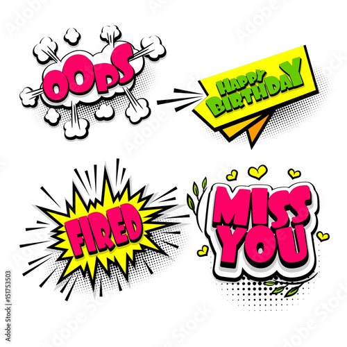 Oops, fired big set colored comic text sound effects pop art style. Collection vector bubble icon speech phrase, cartoon font expression, sounds illustration background. Comics book balloon