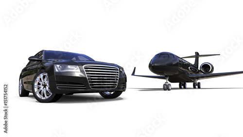 High Class transportation / 3D render image representing an high class car with a black jet plane  © Mlke