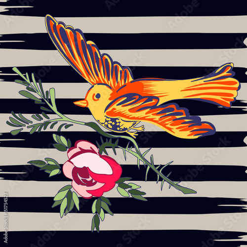 Hand drawn bird flying with flower roses tropical vintage print, stripes pattern retro background vector illustration for design, fashion, shirt, textile, greeting card, invitation, wedding