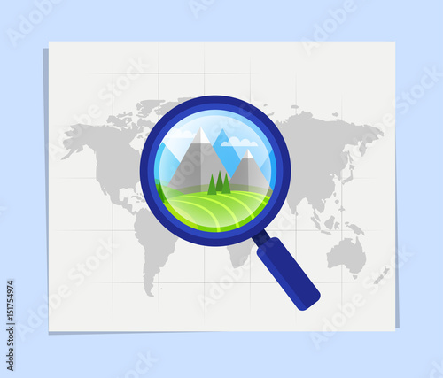 Searching vacation destination - mountains. Flat illustration concept.