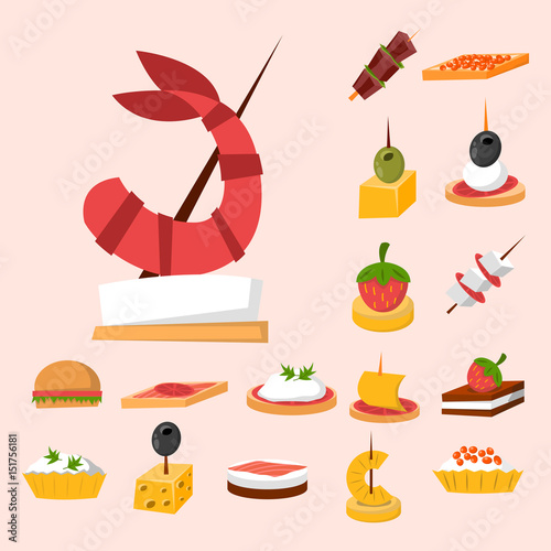 Various meat fish cheese banquet snacks on banquet platter canape snacks appetizer delicious vector.