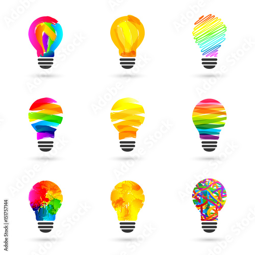 Lightbulb made of paint and paintbrush splatter. Set made of  various design and style, isolated on white background.