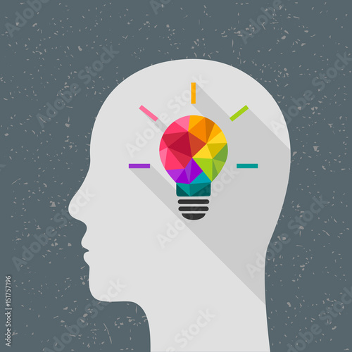 Creative thinking concept with colorful light bulb and human head. Flat design with long shadow.