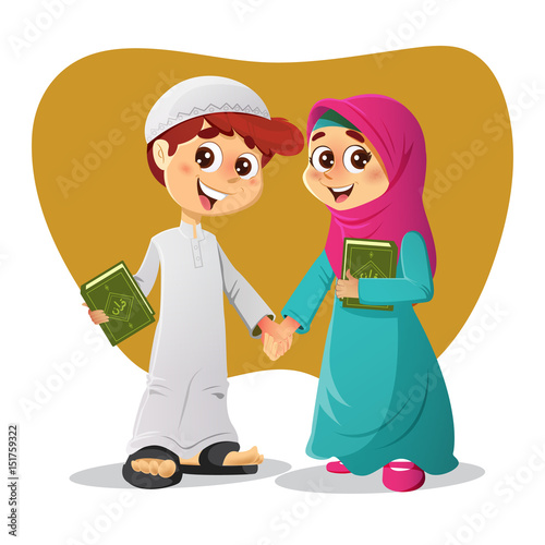Muslim Boy and Girl With Holy Quran Book