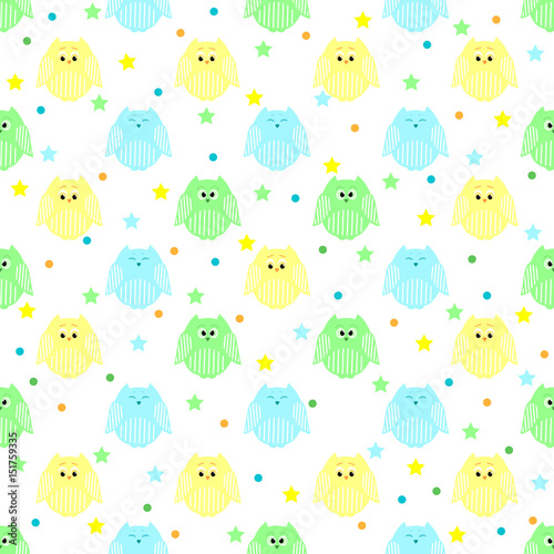 cute blue, green and yellow owls with stars and dots in the background