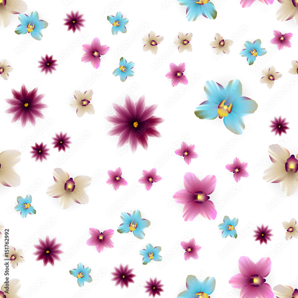 Woman and girl floral fashion. Hawaii tropical style. Abstract repeated backdrop with orchid blossom. Wrapping paper, bed linen, textile. Vector background colored flower illustration. Woman and girl floral fashion. Hawaii tropical style. Abstract repeated backdrop with orchid blossom. Wrapping paper, bed linen, textile. Vector background colored flower illustration.