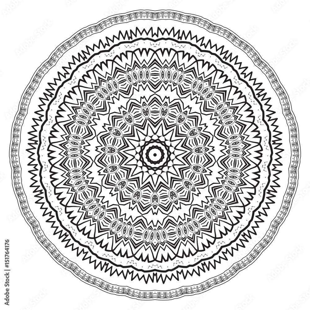 Round element for coloring book. Black and white mandala