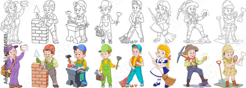Cartoon working people set. Collection of professions. Mail man (postman), builder, blacksmith, plumber, cleaner, sweeper, gold miner, archaeological explorer. Coloring book pages for kids.