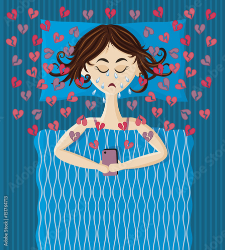 Young woman lying in bed, holding Smartphone and crying. Illustration broken heart, unhappy first love, break up. 
