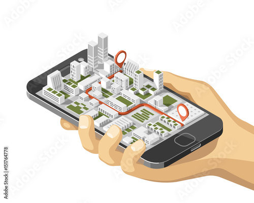 City isometric plan with road and buildings on smart phone. Phone in hand. Map on mobile application. 3d vector illustration. 