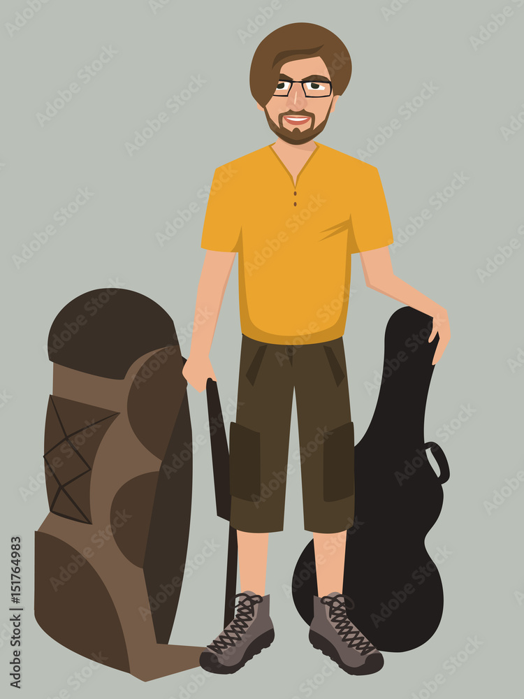 man with rucksack and guitar case man with rucksack and guitar case