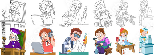 Cartoon working people set. Collection of professions. Judge, operator of call center, chemical scientist, shoemaker (cobbler), seamstress (tailor), supermarket cashier. Coloring book pages for kids.