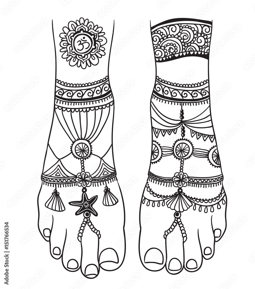Woman foot with magic mehendi and boho jewelry. Vector illustration isolated. Tattoo design, mystic magic symbol for your print. Indian motifs and boho style. Stock Vector | Adobe Stock Woman foot with magic mehendi and boho jewelry. Vector illustration isolated. Tattoo design, mystic magic symbol for your print. Indian motifs and boho style. Stock Vector | Adobe Stock