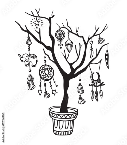 Tree with boho decoration. Isolated on the white background. Vector illustration in tribal style.