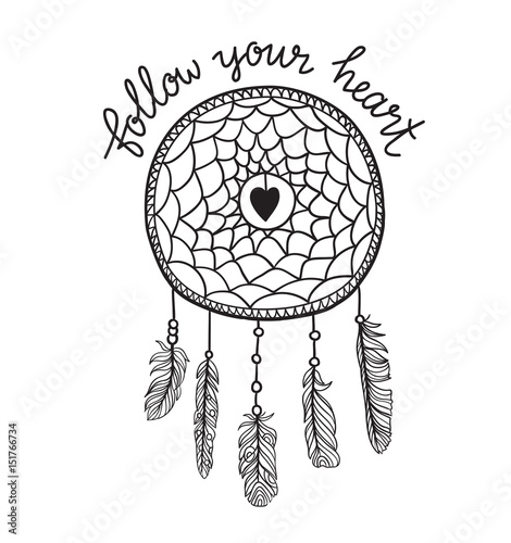 Boho template with inspirational quote lettering - Follow your heart. Vector ethnic print design with dreamcatcher. Love card for Valentine's day.