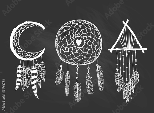 Set of Dreamcatchers. Design elements in Boho style. Lineart. Native style on the chalkboard. Tattoo design. Pattern for coloring book. Print for T-shirt. Vector illustration.